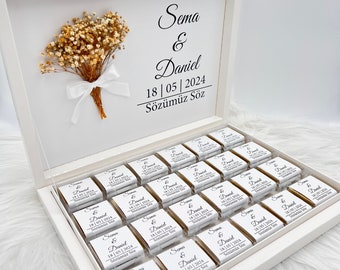 Schokobox personalisiert in Gold, Silber, Schwarz oder Hellblau für Hochzeiten,Verlobungen - Gastgeschenke- Pralinenschatel - Schokolade