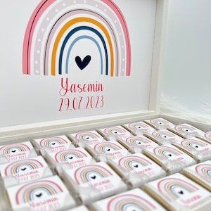 Schokobox personalisiert mit verschiedenen Motiven - Regenbogen Taufe Kommunion Kindergeburtstag, Babyshower oder Neugeborenen Gastgeschenk