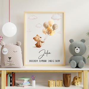Póster de nacimiento personalizado, regalo para bebé para guardería, póster con marco personalizado, osito de peluche boho cumpleaños en Din A3