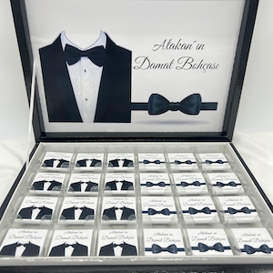 Chocoladedoos gepersonaliseerd in goud, zilver, zwart, roze of lichtblauw voor bruiloften, verlovingen - gastgeschenken - chocoladedoos Damat Bohcasi