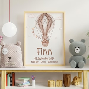 Póster de nacimiento personalizado, regalo para bebé para guardería, póster con marco personalizado, osito de peluche boho cumpleaños en Din A3