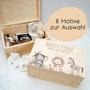 Personalized Memory Box with Wood & Safari Friends Motifs | Baby Gift | Christening Gift | Birth Gift | Baby Shower Gift