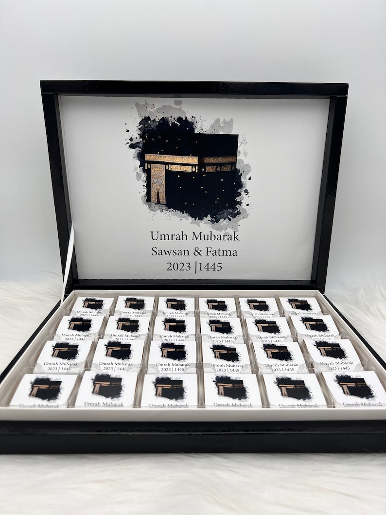 Boîte de chocolat personnalisée Cadeau Umrah Mubarak cadeau d'invité en différentes couleurs et motifs Ümre Hediyesi Hac Umre Hediyesi image 1
