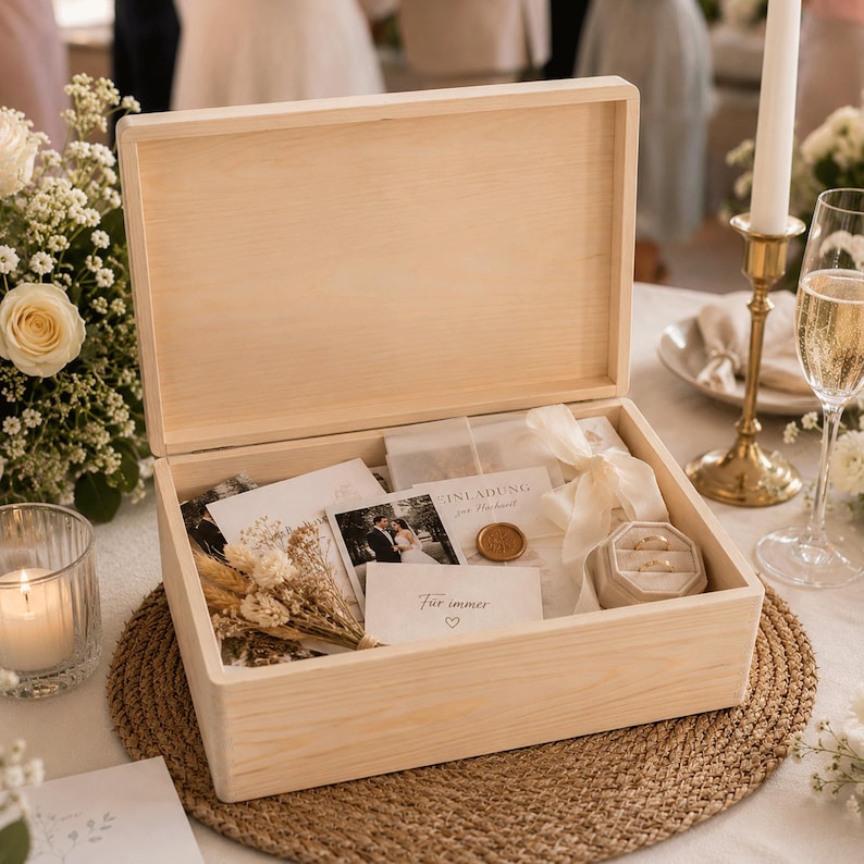 May include: A light-coloured wooden box, open to reveal wedding keepsakes. The box contains photos, cards, dried flowers, a ring box, and a wax seal. It sits on a woven mat, with a candle and champagne glass in view.