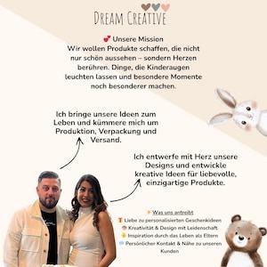 May include: An image promoting Dream Creative, with text in German. The text describes the company's mission to create products that touch hearts and make moments special. The image includes illustrations of a bunny and a bear, and a couple.