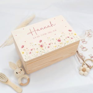 Può includere: Un cofanetto in legno chiaro con un design floreale e il nome "Hannah" in corsivo rosa. Il coperchio presenta un campo di fiori rosa, gialli e bianchi. La scatola è circondata da articoli per bambini.