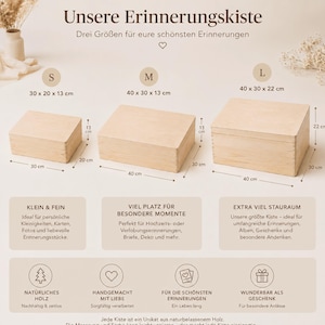 May include: Three wooden memory boxes in different sizes: small (30 x 20 x 13 cm), medium (40 x 30 x 13 cm), and large (40 x 30 x 22 cm). The boxes are made of natural wood and are ideal for storing keepsakes.