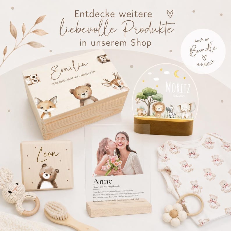 May include: A collection of baby-themed products, including a wooden box with animal illustrations and the name "Emilia", a night light with the name "Moritz", a photo frame, a baby onesie, and a wooden toy. The image includes the text "Entdecke weitere liebevolle Produkte in unserem Shop".