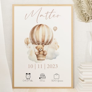 Póster de nacimiento personalizado, regalo para bebé para guardería, póster con marco personalizado, osito de peluche boho cumpleaños en Din A3