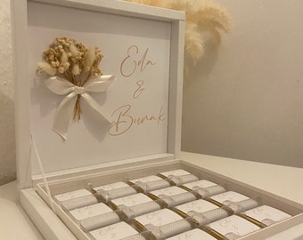 Boîte à chocolats personnalisée en or, argent, noir, rose ou bleu clair pour mariage, fiançailles - cadeaux invités