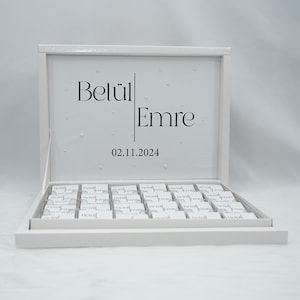 Chocoladedoos gepersonaliseerd in goud, zilver, zwart of lichtblauw voor bruiloften, verlovingen - gastgeschenken - chocoladedoos - chocolade