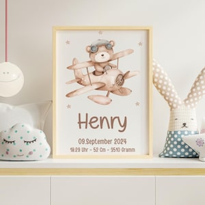 Geburtsposter personalisiert, Babygeschenk für Kinderzimmer, Poster mit Rahmen personalisiert, Teddybär Boho Geburtstag in Din A3
