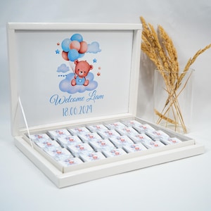 Scatola di cioccolatini personalizzata con vari motivi - Motivo orsetto blu per compleanni dei bambini, baby shower o regali per neonati