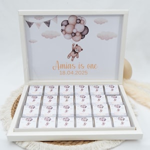 Chocoladedoos gepersonaliseerd in goud, zilver, zwart, roze of lichtblauw voor bruiloften, verlovingen, babyshowers, kinderfeestjes - gastengeschenk