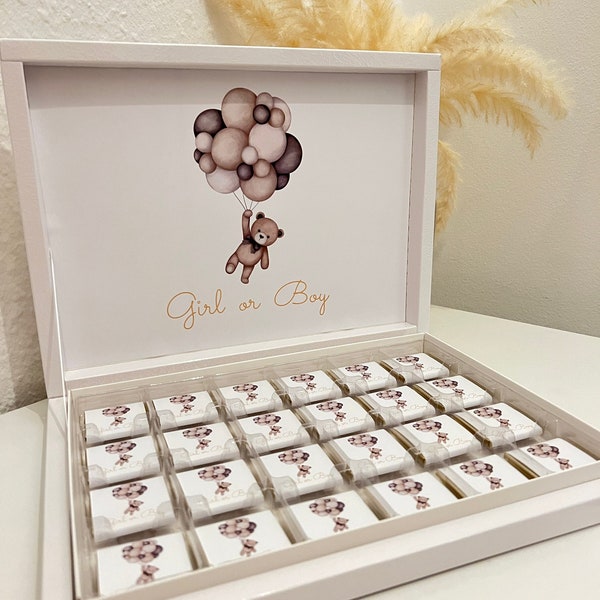 Boîte à chocolats personnalisée avec différents motifs - motif ours en peluche beige pour anniversaire d'enfant, baby shower ou cadeau invité nouveau-né