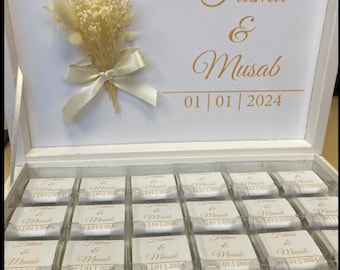 Chocoladedoos gepersonaliseerd in goud, zilver, zwart of lichtblauw voor bruiloften, verlovingen - gastgeschenken - chocoladedoos - chocolade