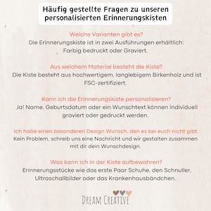 May include: A white background with German text detailing frequently asked questions about personalised memory boxes. The text covers options, materials, personalisation, and contents. The Dream Creative logo is at the bottom of the image.
