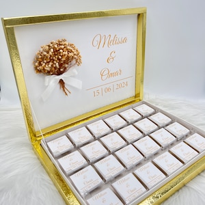 Chocoladedoos gepersonaliseerd in goud, zilver, zwart of lichtblauw voor bruiloften, verlovingen - gastgeschenken - chocoladedoos - chocolade