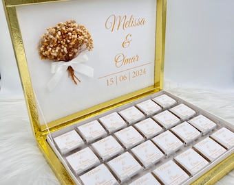 Caja de chocolates personalizada en oro, plata, negro o celeste para bodas, compromisos - regalos para invitados - caja de chocolates - chocolate