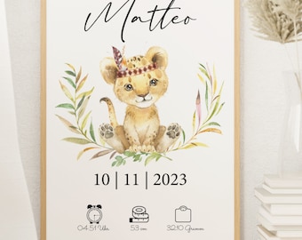 Geburtsposter personalisiert, Babygeschenk für Kinderzimmer, Poster mit Rahmen personalisiert mit Geburtsdaten, Babytiger personalisiert