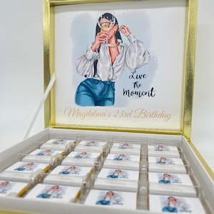 Boîte de chocolat personnalisée pour anniversaire - fashion girl - fiançailles, état civil, mariage, baby shower - cadeau invité personnalisé
