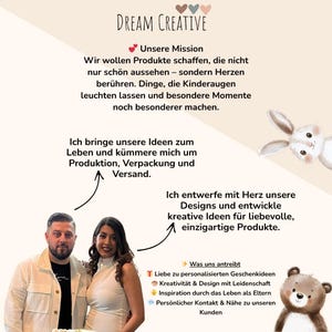 May include: A promotional image for Dream Creative, featuring a couple and text in German. The text describes the company's mission to create products that touch hearts and make moments special. The image includes illustrations of a bunny and a bear.