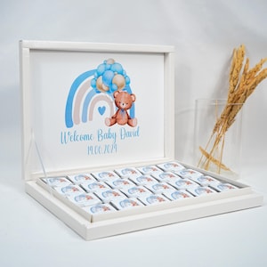 Chocoladedoos gepersonaliseerd in goud, zilver, zwart, roze of lichtblauw voor bruiloften, verlovingen, babyshowers, kinderfeestjes - gastengeschenk