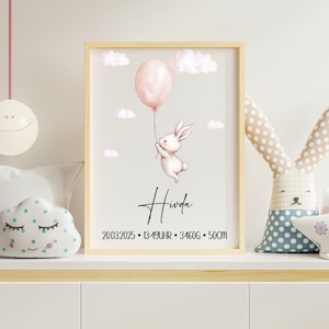 Póster de nacimiento personalizado, regalo para bebé para guardería, póster con marco personalizado, osito de peluche boho cumpleaños en Din A3