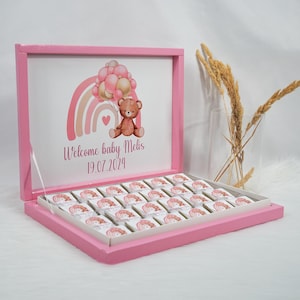 Chocoladedoos gepersonaliseerd in goud, zilver, zwart, roze of lichtblauw voor bruiloften, verlovingen, babyshowers, kinderfeestjes - gastengeschenk