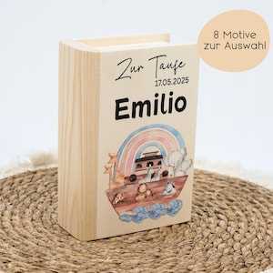 Hucha personalizada, libreta de ahorros, idea de regalo para bautizo, comunión, confirmación, regalo de bebé con motivo y nombre, regalo de bautizo de madera