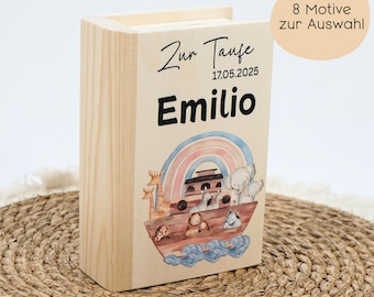 Money box personalized, savings book, gift idea for baptism, communion, confirmation, baby gift with motif and name baptism gift made of wood