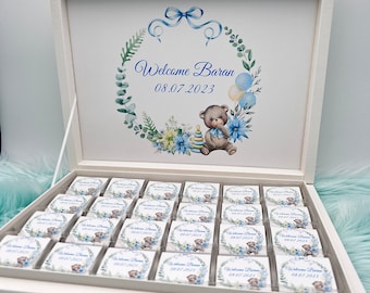Boîte de chocolats personnalisée avec différents motifs - premier anniversaire - anniversaire d'enfant, baby shower ou cadeau invité nouveau-né.