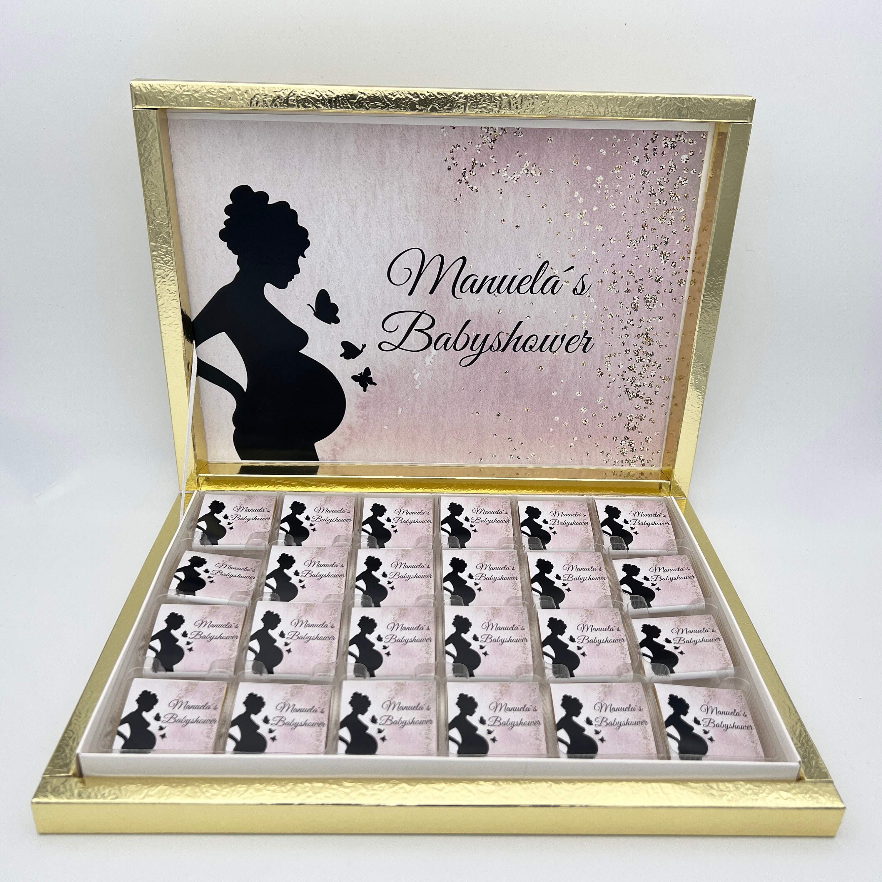 Chocolate box personalized in gold, silver, black, white for baby shower, weddings, party favors, birthday - desired design