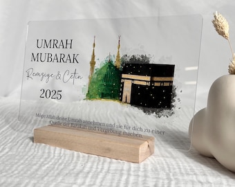 Personalized Umrah Acrylic Sign - Hajj Stand - Umre Hatirasi - Umre Hediye - Wooden Base High-quality Print with Lighting