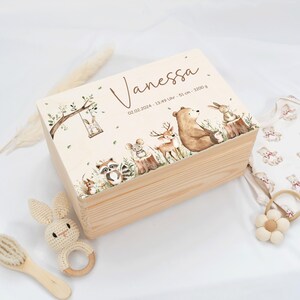 Könnte beinhalten: Eine hellfarbene Holzkiste mit einem Waldtiermotiv. Die Kiste zeigt einen Bären, ein Reh, einen Waschbären und andere Tiere. Der Name "Vanessa" steht auf dem Deckel, zusammen mit Datum, Uhrzeit und Maßen.