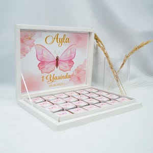 Chocoladedoos gepersonaliseerd in goud, zilver, zwart, roze of lichtblauw voor bruiloften, verlovingen, babyborrels, kinderverjaardagen - gastcadeau