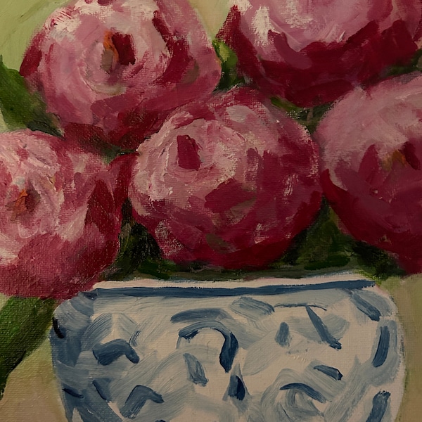 Original Oil on Canvas 8x10 Painting by Elizabeth Marvin, Peonies in Chinoiserie Bowl,Signed, Ships Free