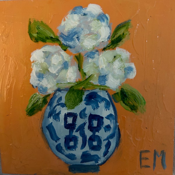 Original Oil on Board Miniature Art 6x6” Whimsical Floral Wall Art, would be cute in a grouping. , Ships Free, hand painted.