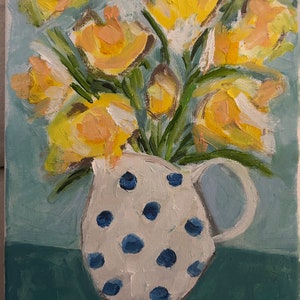 Original Oil on Canvas 8X10” Hand Painted in Oil "Daffodils" signed  by Artist,  Elizabeth Marvin, Ships Free.