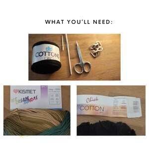 May include: A close-up of three balls of yarn in black, green, and brown. The yarn is labeled "elle COTTONS 4PLY", "KISMET ICE CREAM SUNDAE", and "Chick COTTON 4PLY".