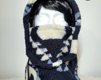 Navy Blue Southwest Sherpa Ninja Hood/ Hooded Cover/ Balaclava