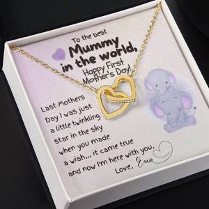 Cadeau pour la première fête des mères d'un bébé, collier coeurs entrelacés avec carte personnalisée pour la 1ère fête des mères, à la meilleure maman du monde
