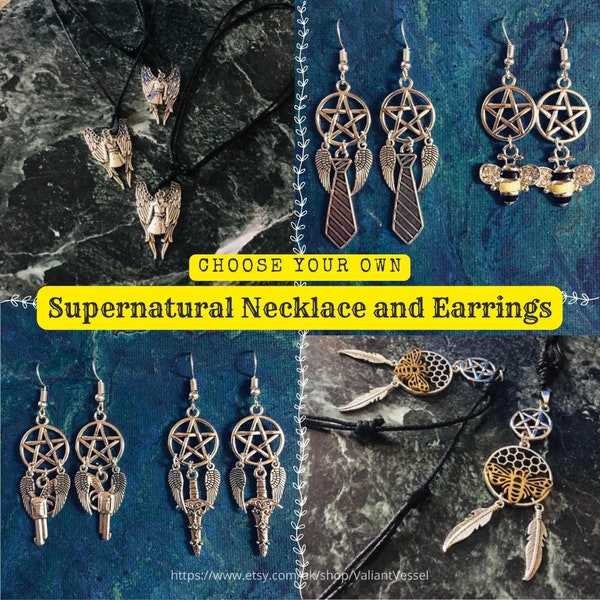 Supernatural Inspired Jewelry Set ( 1x SPN Necklace & 2x SPN Earrings)