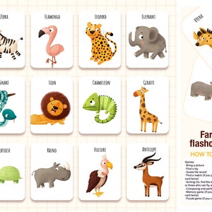 Cartões flash para crianças. Minhas primeiras palavras. Animais de safári. Atividades para crianças. Ficheiro PDF. Jogo educativo Montessori para crianças