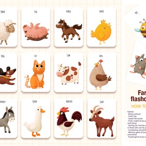 Cartões flash para crianças. Minhas primeiras palavras. Animais de fazenda. Atividades para crianças. Ficheiro PDF. Jogo educativo Montessori para crianças