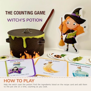 Puede incluir: Un juego de conteo para niños con un caldero de bruja, una figura de bruja y tarjetas de recetas para diferentes pociones. El juego incluye un caldero, una figura de bruja y tarjetas de recetas para diferentes pociones. El juego está diseñado para ayudar a los niños a aprender a contar.