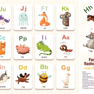 Tarjetas didácticas para niños. Alfabeto de animales. Archivo PDF. Actividades para niños. Juego educativo Montessori para niños pequeños.