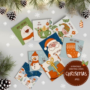 Set of 8 printable Christmas greeting cards. DIY digital cards. Instant download JPEG