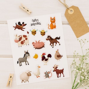 Printable Farm animals stickers set. Doodle cute illustrations. Jpeg file