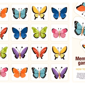 Cartões de memória borboleta para crianças. Jogo educativo Montessori para crianças. Atividades para crianças. ficheiro PDF